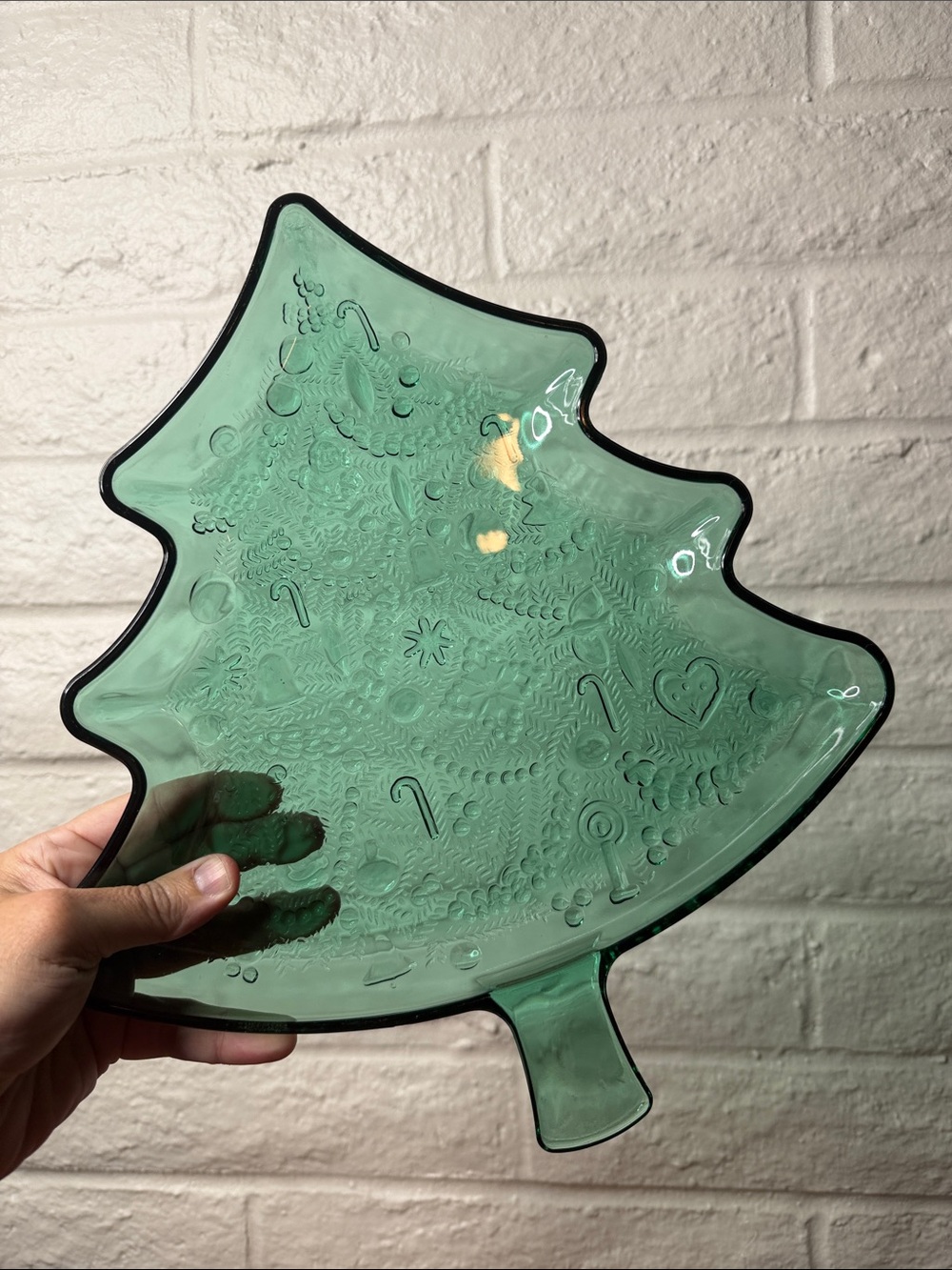 Vintage Indiana glass Green Glass Textured Christmas Tree Shaped Serving Platter